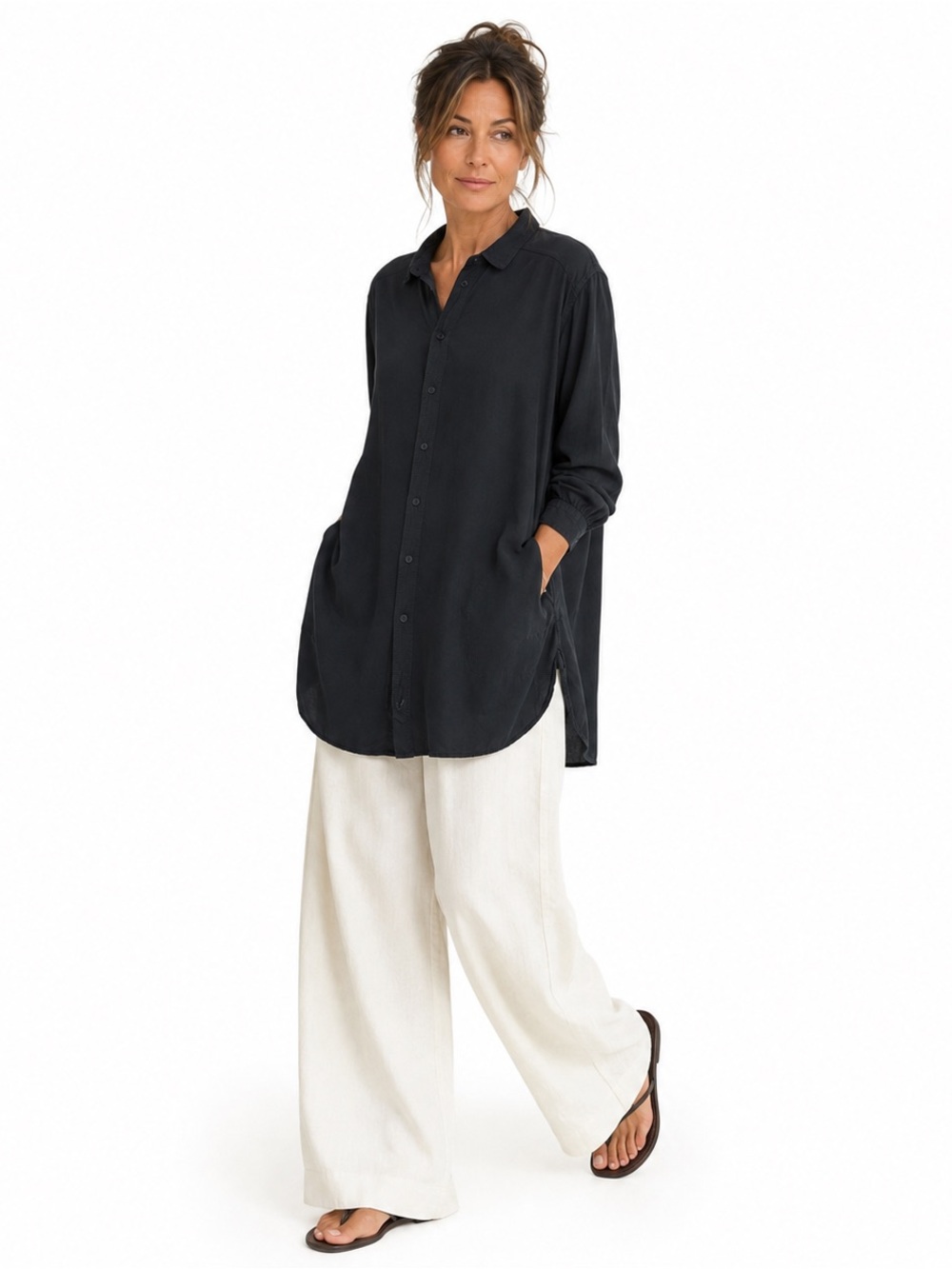CP SHADES Navy Rayon Tunic Top Sz Small USA Button Front Minimalist Quiet Luxury